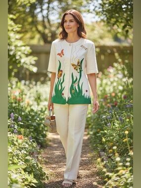 Anne French Vintage Embroidered Garden-Print Cream Jacket & Pants Set